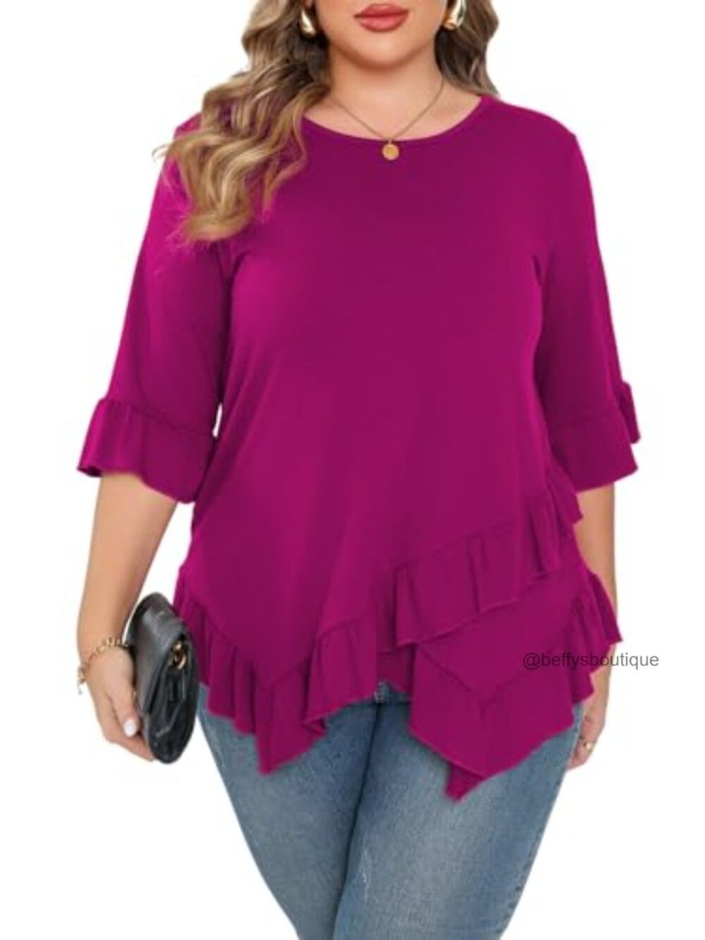 Plus Size Tunic Top Ruffled Hem 3/4 Bell Sleeve Flowy Blouse